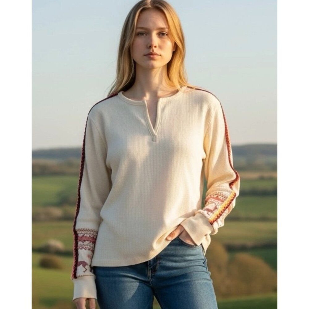 Sundance Thermal Waffle Knit Henley Top Small White Embroidered Cuff Boho Cottag